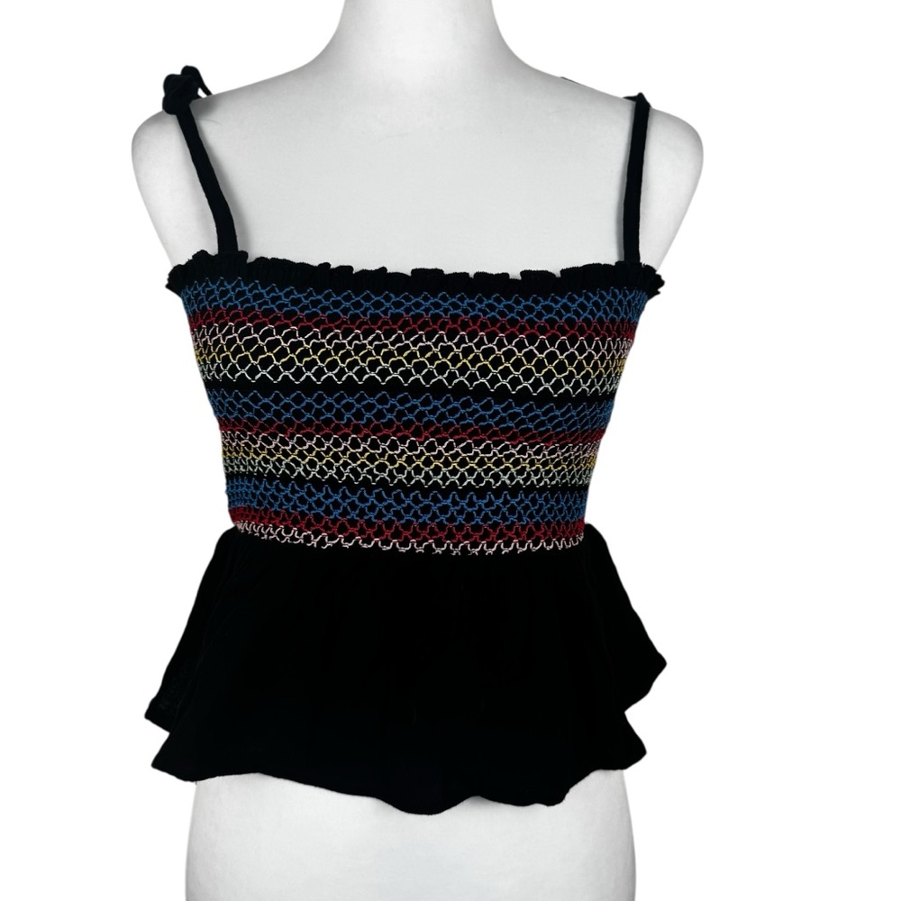 NWT Day + Moon Black Smocked Multicolor Cami Crop Tank Top Peplum Stretch - Picture 3 of 12